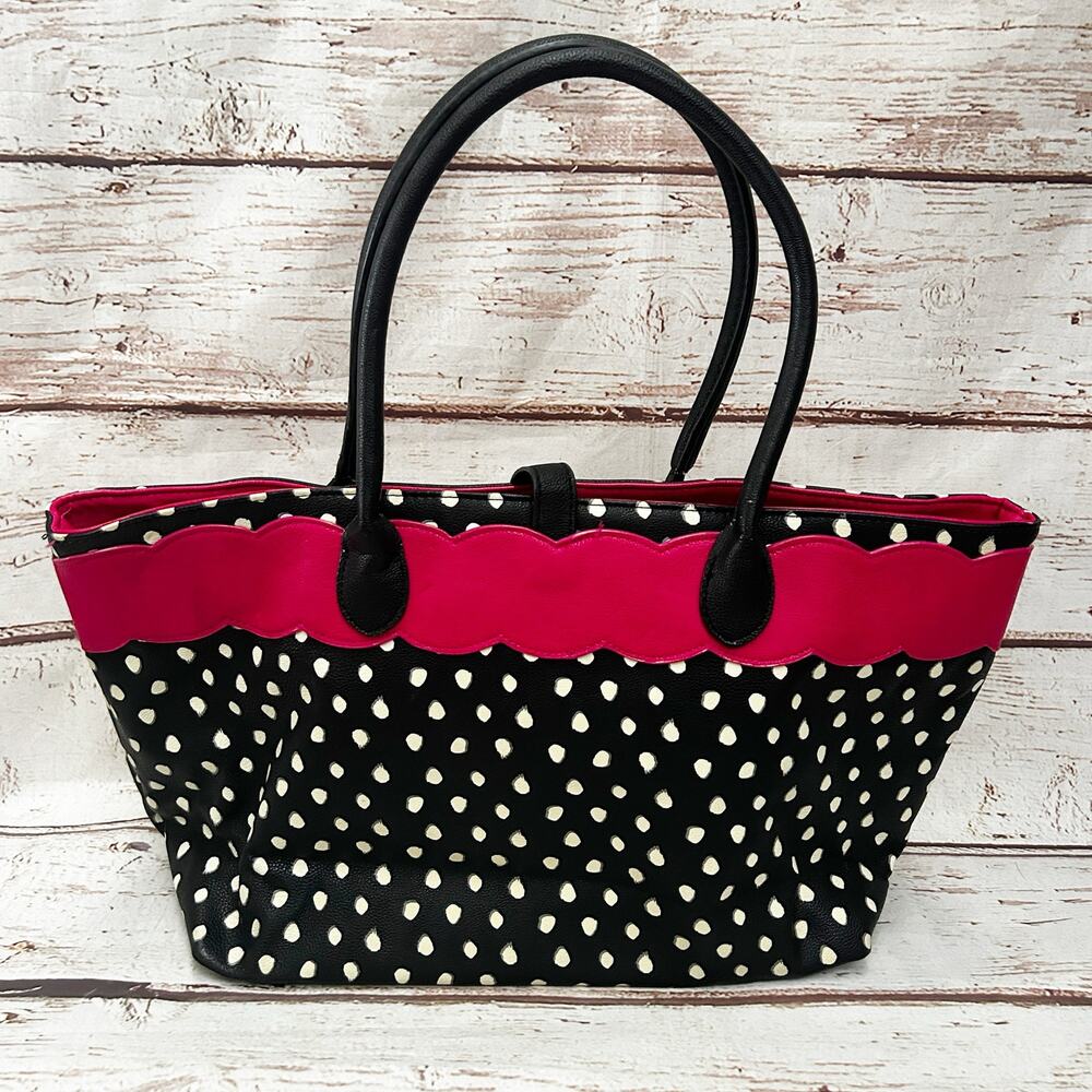 BETSEY JOHNSON Black White Polka Dot Tote Bag Pink Scalloped Trim Bow Large - Picture 5 of 12